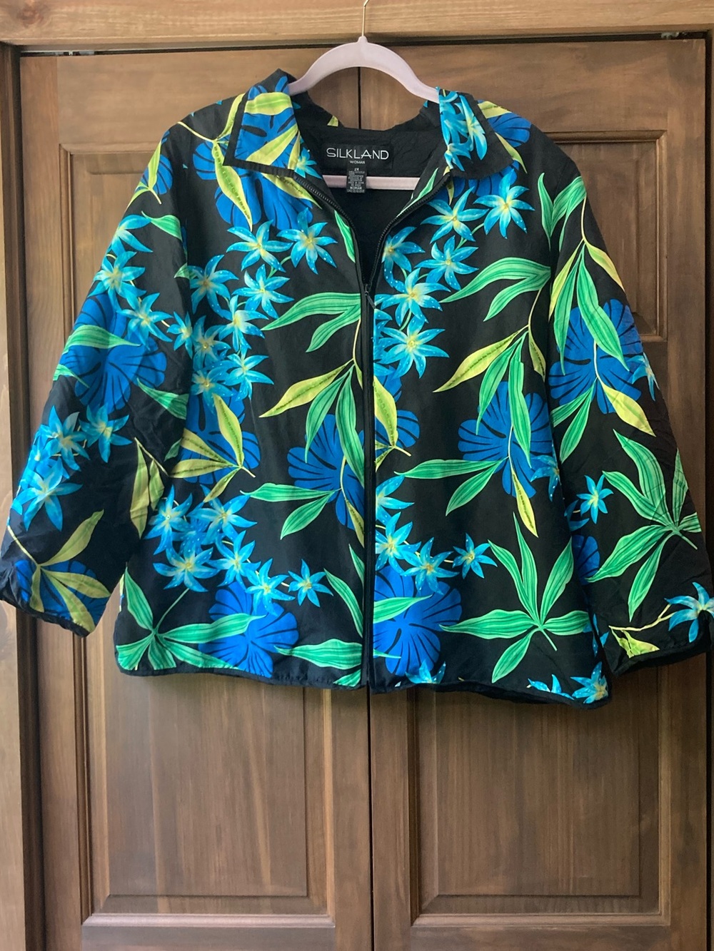 Silkland USED 100% Silk Black & Floral Print Jacket 2X